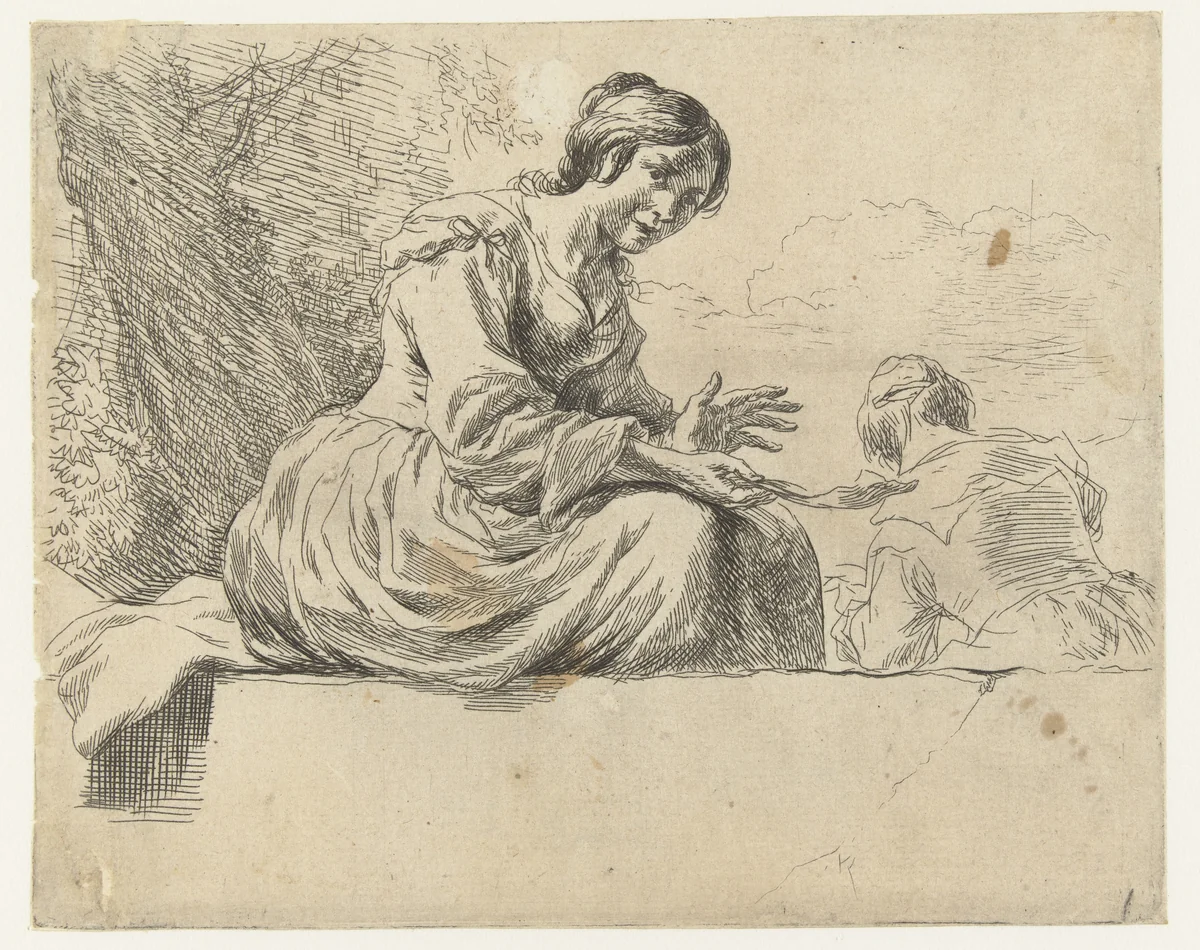 Jonge vrouw zittend op een steen by Nicolaes Pietersz Berchem, print, 1648-1652
