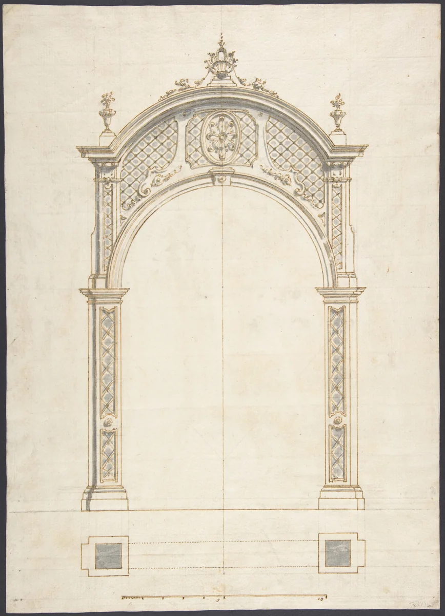 Plan and elevation of a rococo arch by anonymous, drawing, 1710-1730