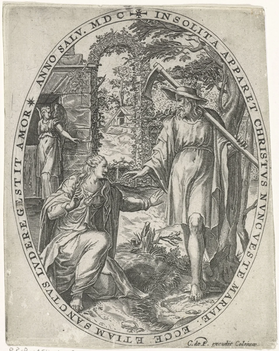 Christus verschijnt als tuinman aan Maria Magdalena by Crispijn van de Passe, print, 1600