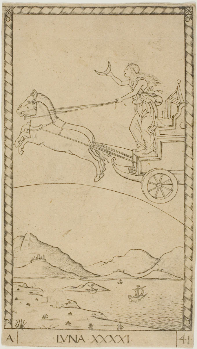 The Moon, plate 41 from Planets and Spheres by Master of the E-Series Tarocchi, print, 1460-1470