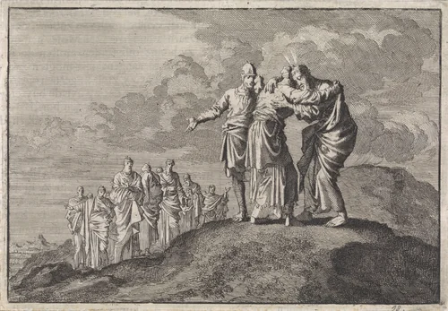 Mozes neemt afscheid van Eleazar en Jozua by Jan Luyken, print, 1704