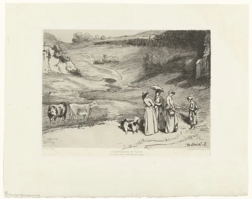 Jonge vrouwen geven herderin geld in heuvellandschap by Félix Bracquemond, print, 1860-1869