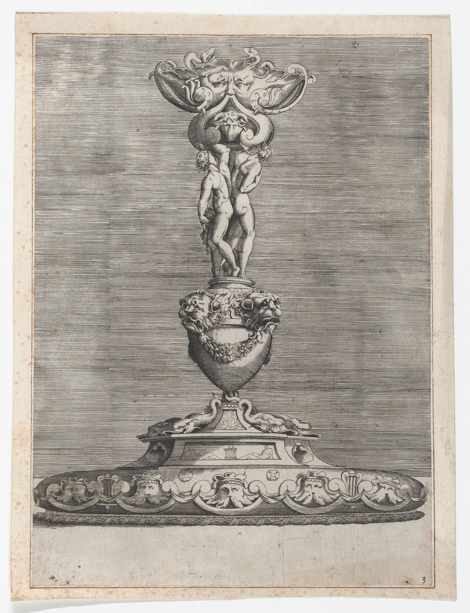 Candlestick with Two Ignudi on Top of a Vase with Lion Heads by anonymous, print, 1552
