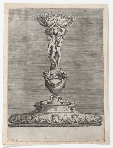 Candlestick with Two Ignudi on Top of a Vase with Lion Heads by anonymous, print, 1552