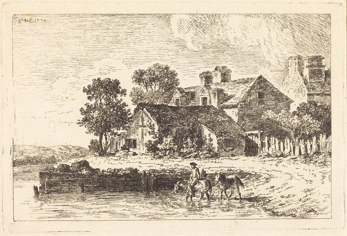 Horses Being Led to Water on a Winding Riverbank by Nicolas Pérignon, print, 1771