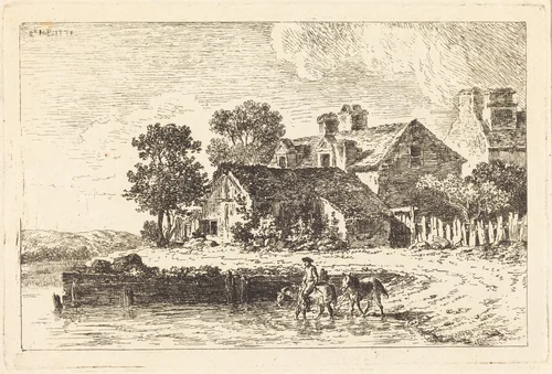 Horses Being Led to Water on a Winding Riverbank by Nicolas Pérignon, print, 1771