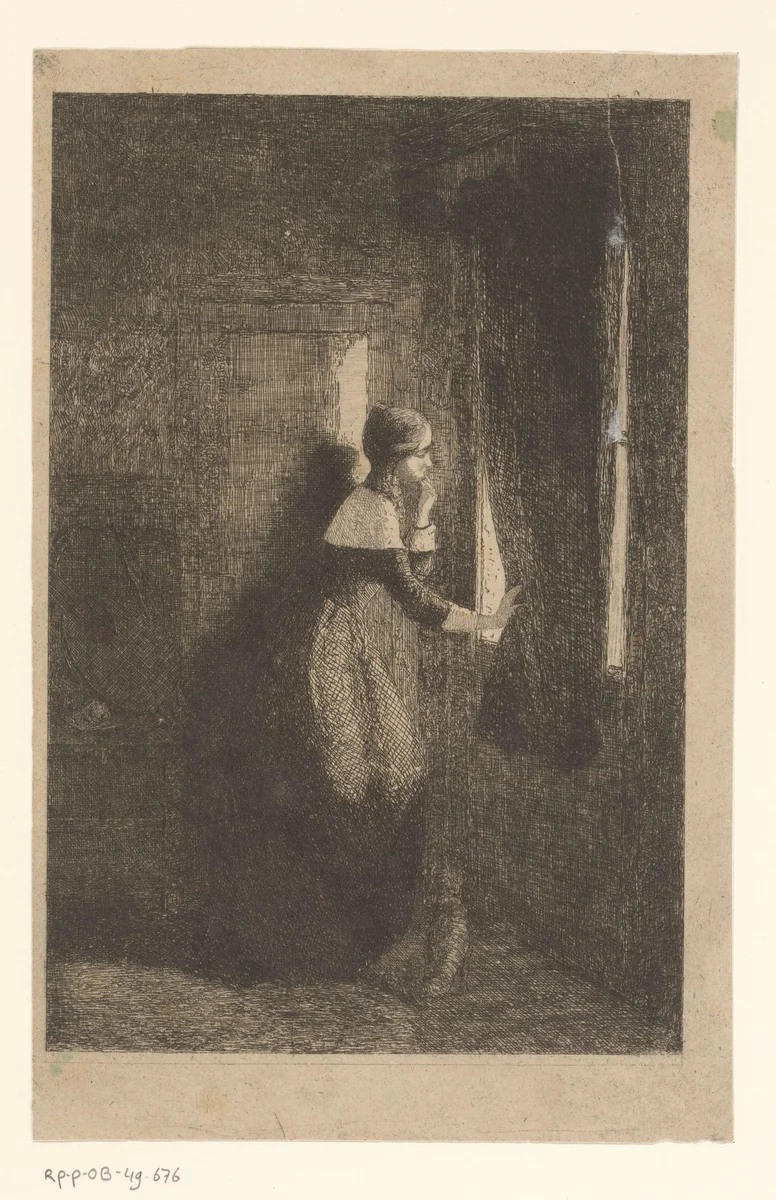 Jonge vrouw kijkt langs een gordijn naar buiten by Guillaume Joseph Vertommen, print, 1850