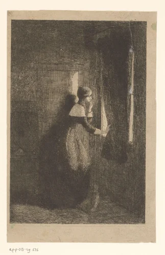 Jonge vrouw kijkt langs een gordijn naar buiten by Guillaume Joseph Vertommen, print, 1850