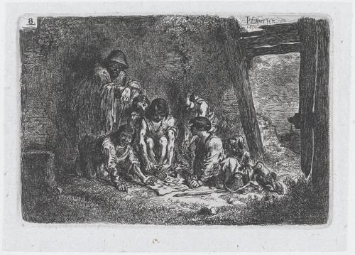 Plate 8: a group of figures some of whom are playing a game, from the series of customs and pastimes of the Spanish people by Francisco Lameyer, print, 1850