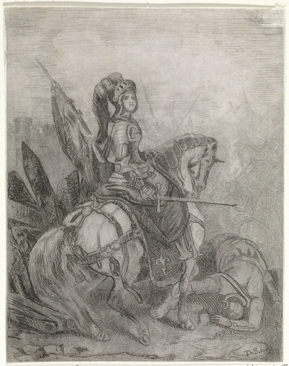 Jeanne d'Arc te paard by Arnoud Schaepkens, print, 1831-1904