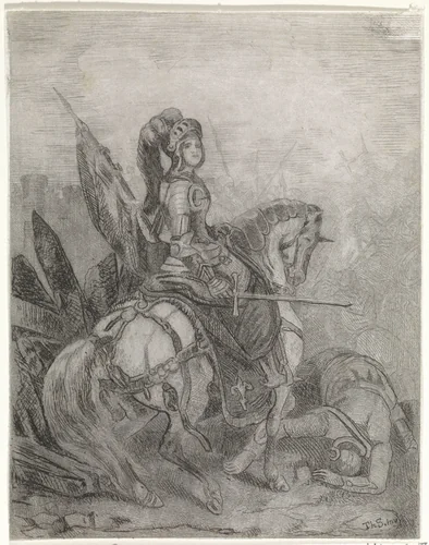Jeanne d'Arc te paard by Arnoud Schaepkens, print, 1831-1904