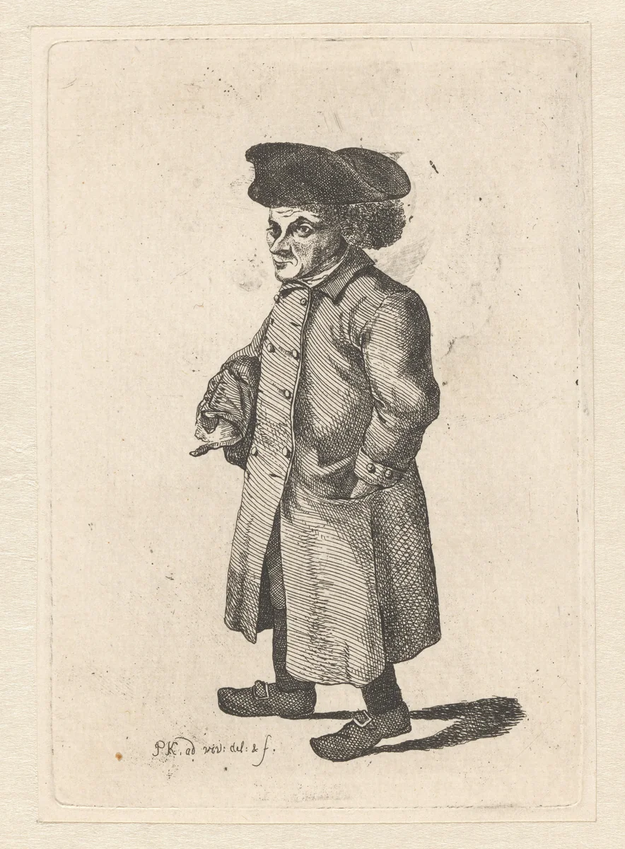 Man in lange jas by Pieter Kikkert, print, 1785-1855