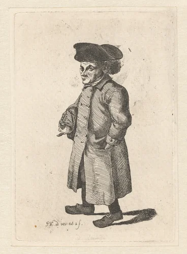 Man in lange jas by Pieter Kikkert, print, 1785-1855
