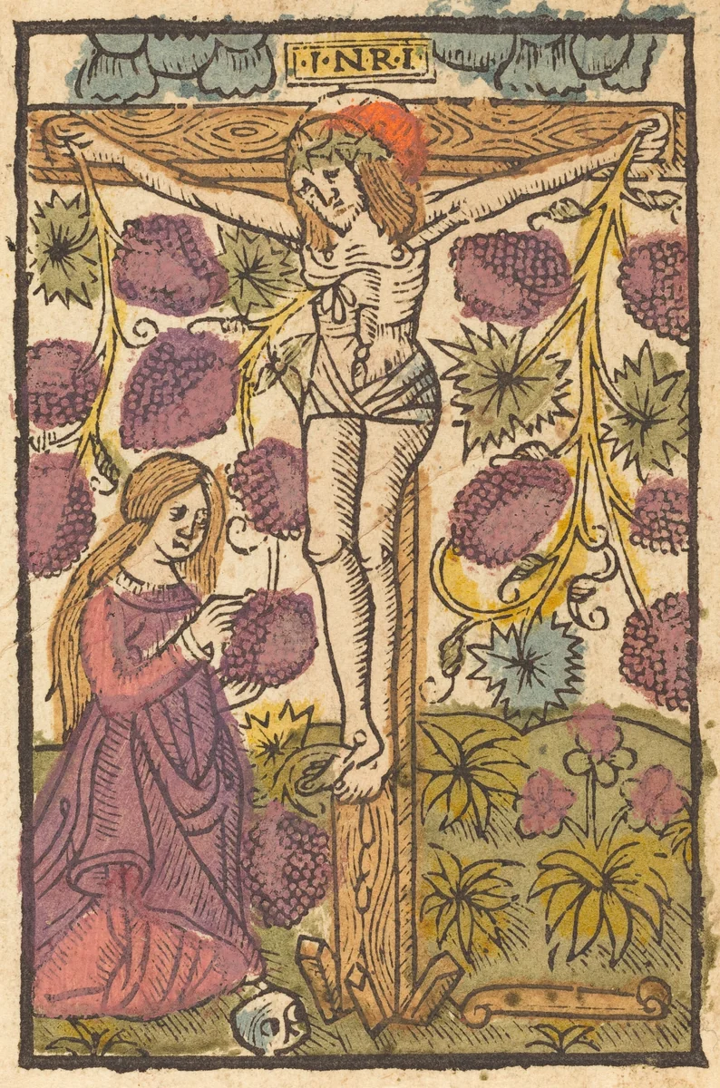 Christ on the Cross with a Grape Vine by Netherlandish 15th Century; French 15th Century, print, 1490-1500