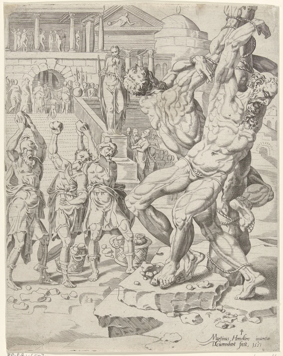 Steniging van de ouderlingen by Unknown, print, 1551