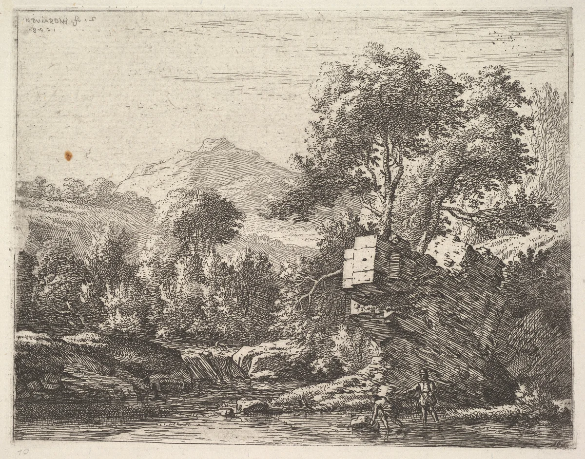 Two men standing ankle-deep in a body of water with a rocky outcrop behind them, to the left a rocky bank, trees and a hilltop beyond by Karel Dujardin, print, 1658