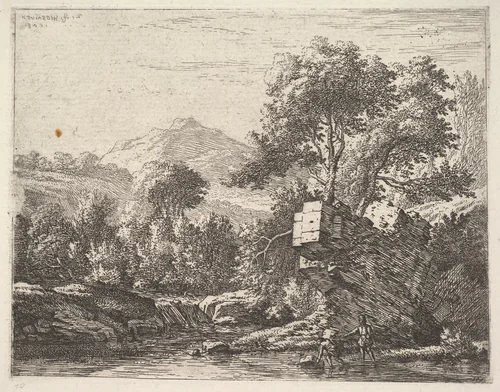 Two men standing ankle-deep in a body of water with a rocky outcrop behind them, to the left a rocky bank, trees and a hilltop beyond by Karel Dujardin, print, 1658