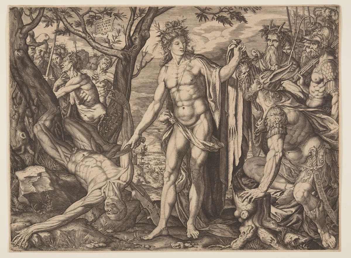 Apollo and Marsyas/Judgment of Midas by Melchior Meier, print, 1581