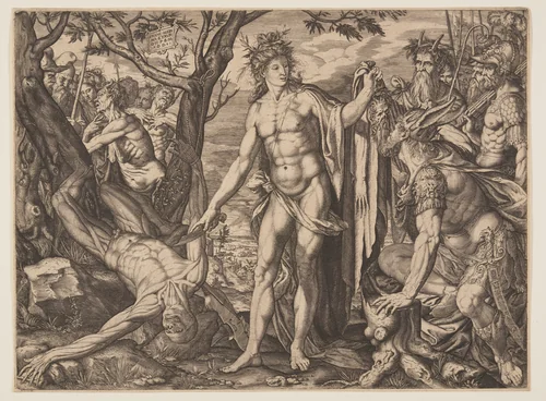 Apollo and Marsyas/Judgment of Midas by Melchior Meier, print, 1581