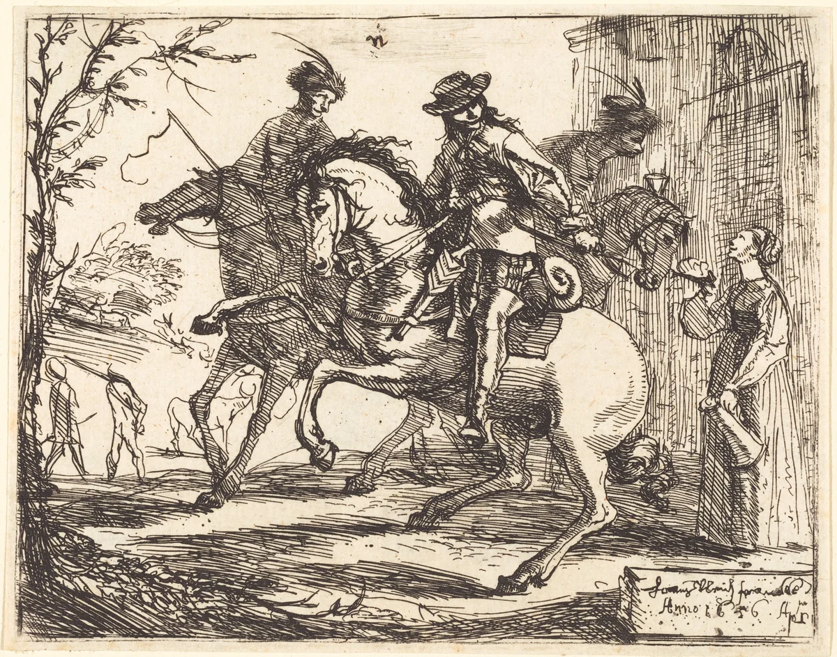 Three Riders before an Inn by Hans Ulrich Franck, print, 1656