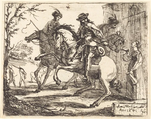 Three Riders before an Inn by Hans Ulrich Franck, print, 1656