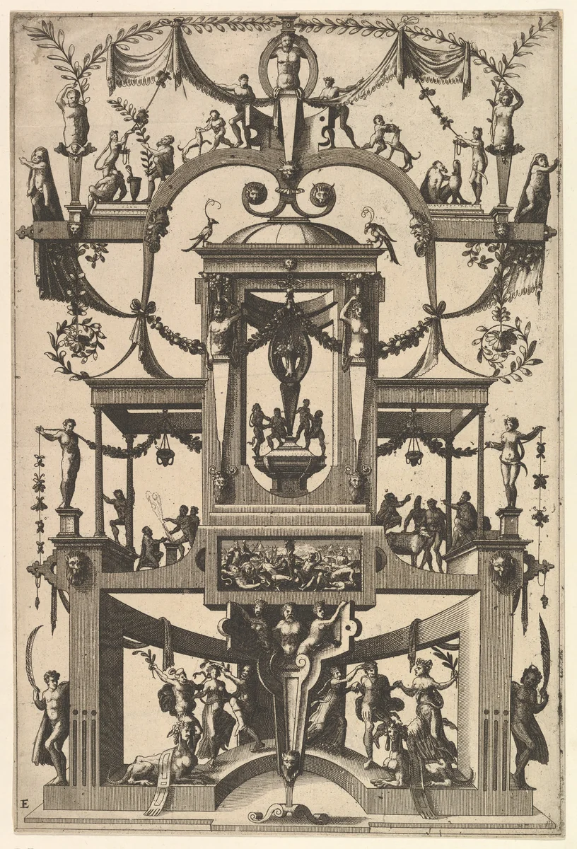 Surface Decoration, Grotesque with Strapwork, Aedicula at Center, on Either Side Recessed Balconies, in Frame at Lower Center Moses and the Brazen Serpent from Veelderleij Veranderinghe van grotissen ende Compertimenten...Libro Primo by Cornelis Floris, book, 1556