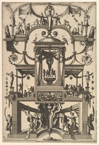 Surface Decoration, Grotesque with Strapwork, Aedicula at Center, on Either Side Recessed Balconies, in Frame at Lower Center Moses and the Brazen Serpent from Veelderleij Veranderinghe van grotissen ende Compertimenten...Libro Primo by Cornelis Floris, book, 1556