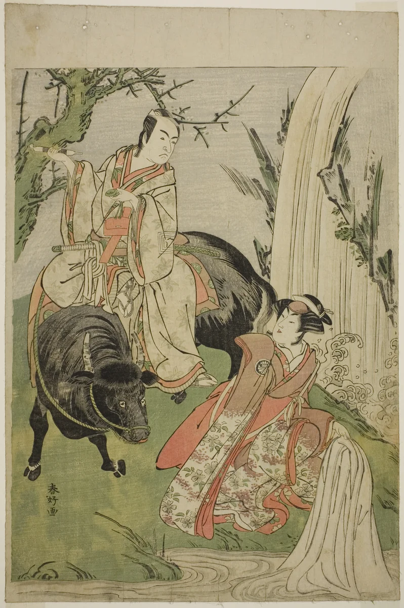 The Actors Segawa Kikunojo III as Princess Hatsune (Hatsune Hime) (right), and Ichikawa Monnosuke II as Miyukinosuke Yukinari, in the Play Otokoyama Furisode Genji, Performed at the Kiri Theater in the Eleventh Month, 1785 by Katsukawa Shunko, print, 1780-1790