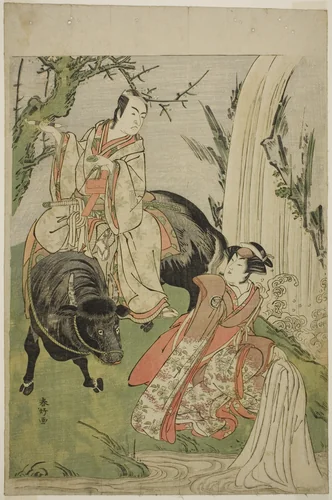 The Actors Segawa Kikunojo III as Princess Hatsune (Hatsune Hime) (right), and Ichikawa Monnosuke II as Miyukinosuke Yukinari, in the Play Otokoyama Furisode Genji, Performed at the Kiri Theater in the Eleventh Month, 1785 by Katsukawa Shunko, print, 1780-1790