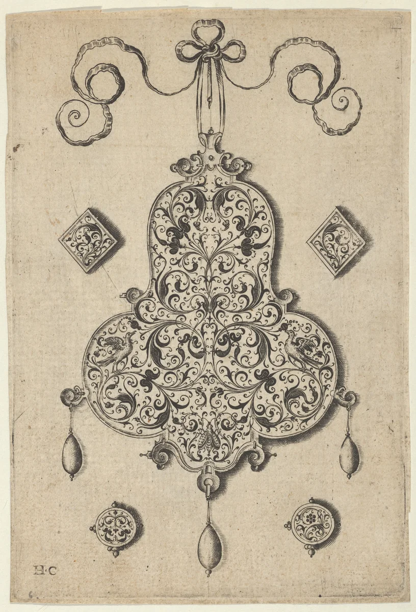 Design for the Verso of a Pear-Shaped Pendant Flanked by Lozenge Ornaments and Circular Ornaments Below by Jan Collaert, print, 1530-1573