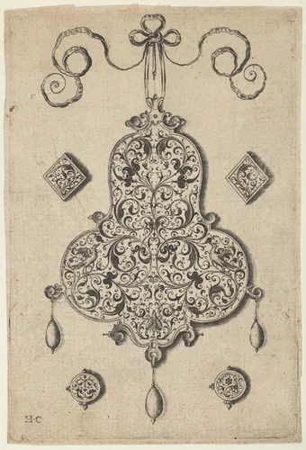Design for the Verso of a Pear-Shaped Pendant Flanked by Lozenge Ornaments and Circular Ornaments Below by Jan Collaert, print, 1530-1573
