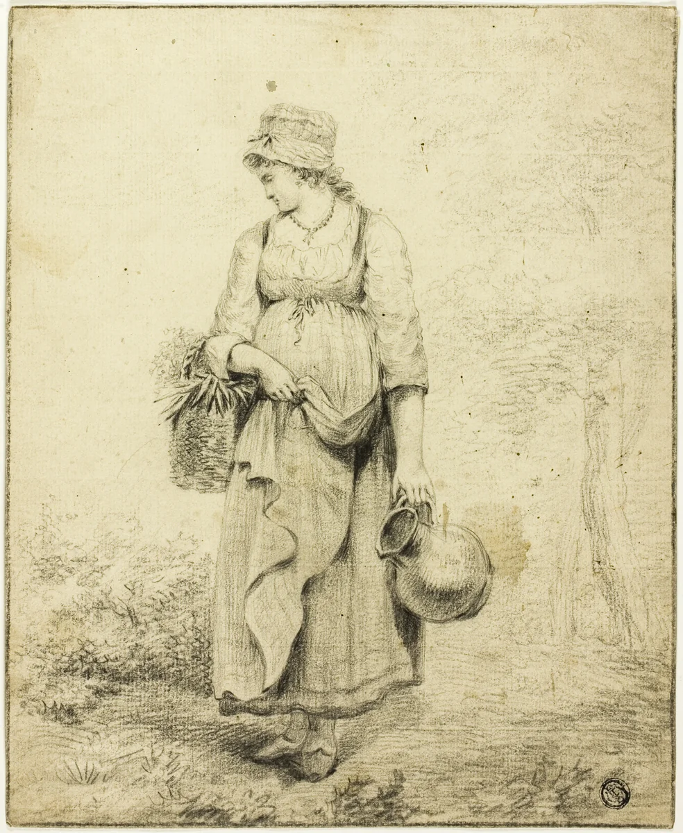 Standing Girl Holding Pitcher and Basket by Unknown Artist, drawing, 1800-1899