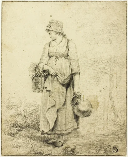 Standing Girl Holding Pitcher and Basket by Unknown Artist, drawing, 1800-1899