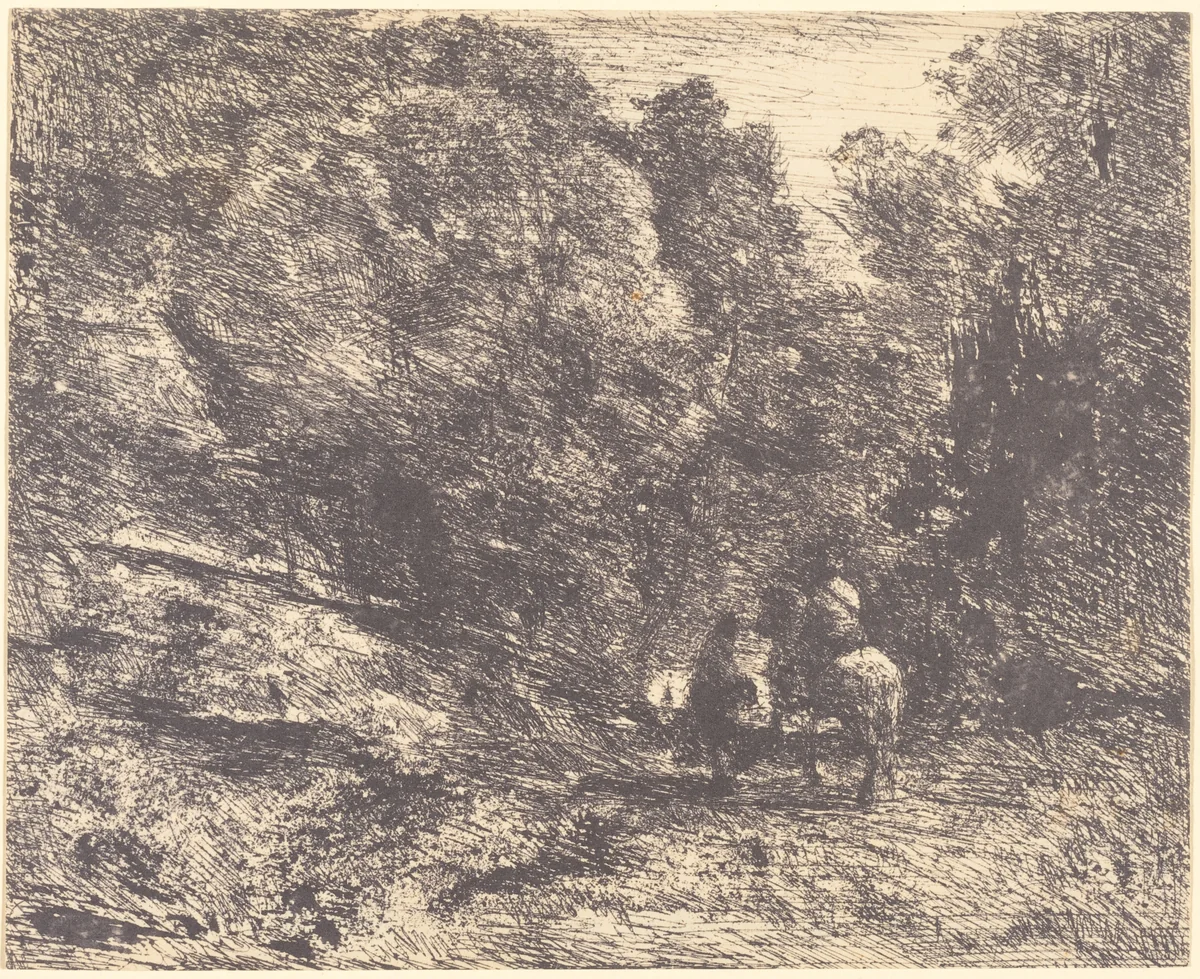 Horseman and Vagabond in the Forest (Le Cavalier en forêt et le piéton) by Jean-Baptiste-Camille Corot, print, 1854