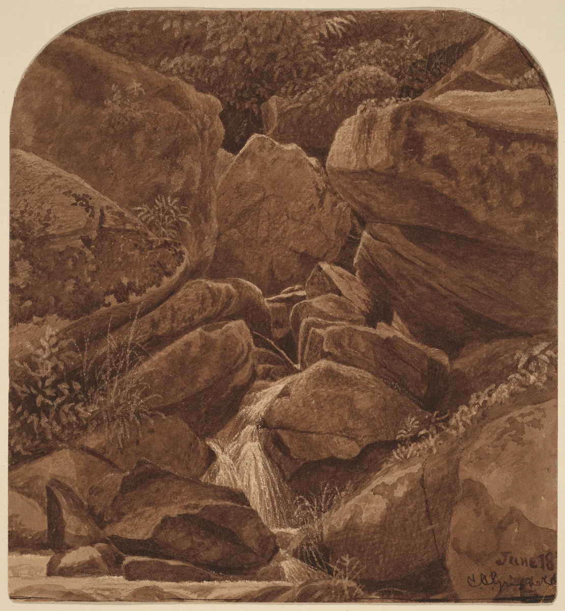 Rocks and Waterfall by Casimir Clayton Griswold, drawing, 1878