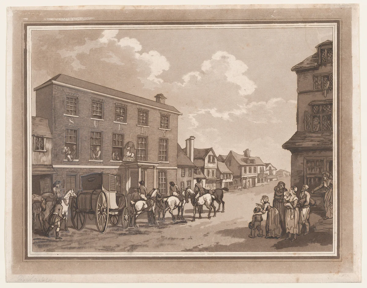 Reigate (An Excursion to Brighthelmstone) by Thomas Rowlandson, print, 1790
