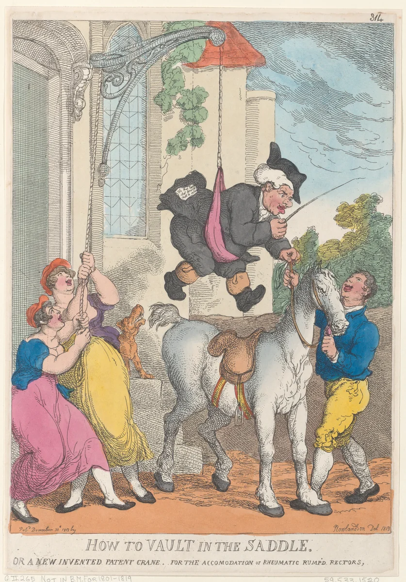 How to Vault in the Saddle or a New Invented Patent Crane for the Accomodation or Rheumatic Rump'd Rectors by Thomas Rowlandson, print, 1813