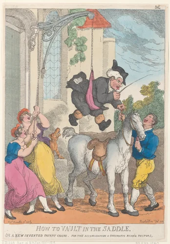 How to Vault in the Saddle or a New Invented Patent Crane for the Accomodation or Rheumatic Rump'd Rectors by Thomas Rowlandson, print, 1813