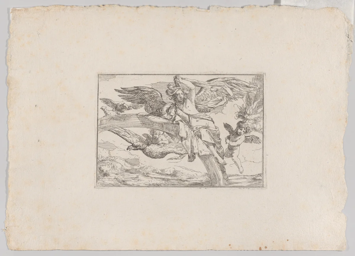 Air, represented by Iris reclining on her rainbow, accompanied by a winged putto bearing a torch and another winged putto riding an eagle, from "The Elements" by Giulio Carpioni, print, 1640-1660