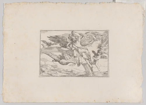Air, represented by Iris reclining on her rainbow, accompanied by a winged putto bearing a torch and another winged putto riding an eagle, from "The Elements" by Giulio Carpioni, print, 1640-1660