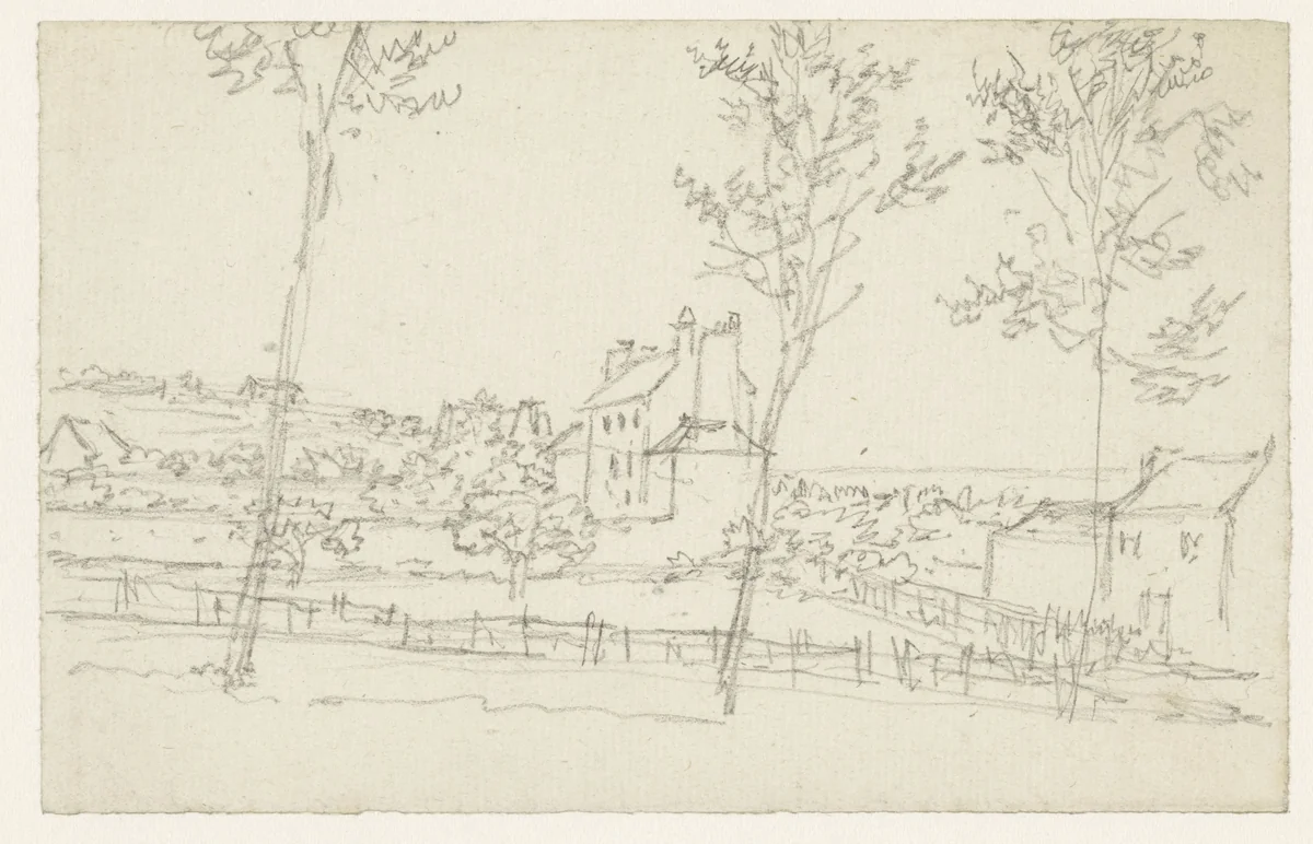 Gezicht van een weg met bomen op verspreid liggende huizen by Georges Michel, drawing, 1773-1843