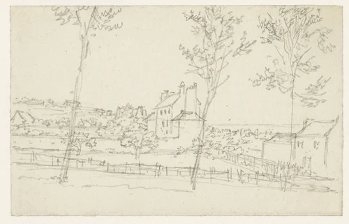 Gezicht van een weg met bomen op verspreid liggende huizen by Georges Michel, drawing, 1773-1843