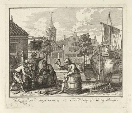 Kuipen van haringtonnen by Adolf van der Laan, print, 1728-1761