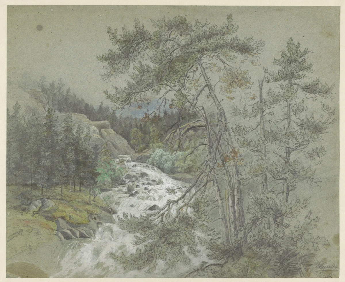 Landschap met waterval in de bergen by Ludwig Munthe, drawing, 1859