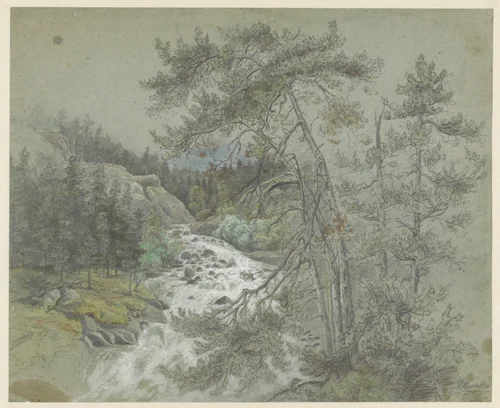 Landschap met waterval in de bergen by Ludwig Munthe, drawing, 1859