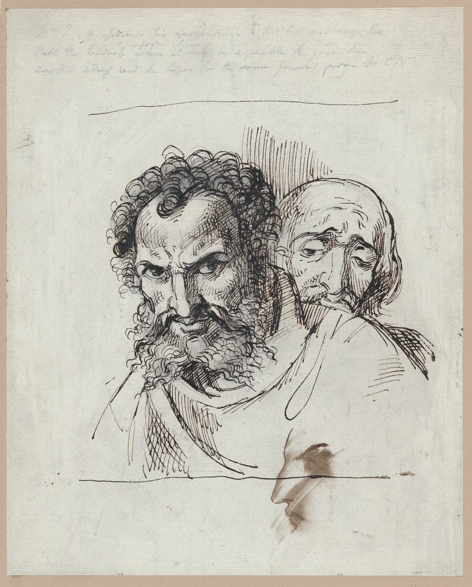 Two male heads by Theodor Holst, drawing, 1830-1844