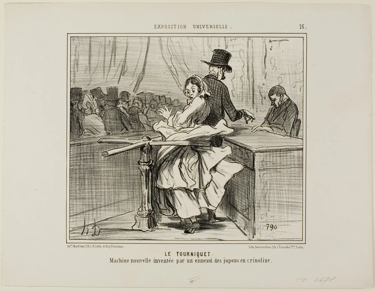 The Turnstile. A new machine invented by the enemy of crinoline petticoats, plate 15 from L'exposition Universelle by Honoré-Victorin Daumier, print, 1855