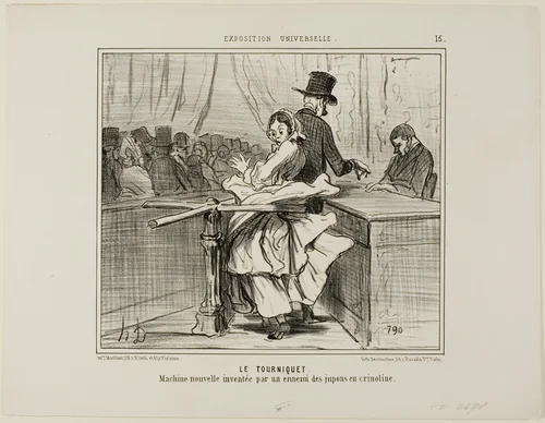 The Turnstile. A new machine invented by the enemy of crinoline petticoats, plate 15 from L'exposition Universelle by Honoré-Victorin Daumier, print, 1855