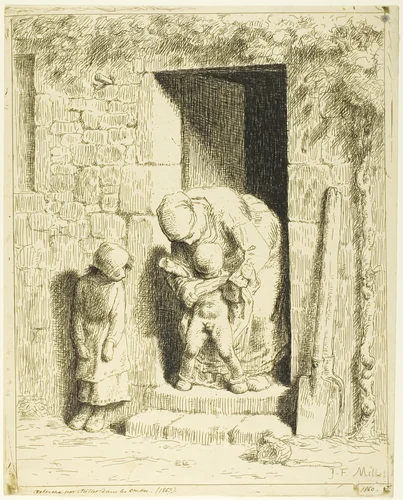 The Maternal Precaution by Jean-François Millet, print, 1860-1863