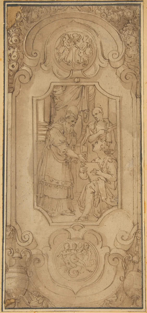 Design for a Cartouche with a Religious Subject in the Central Compartment by Taddeo Zuccaro, drawing, 1540-1609